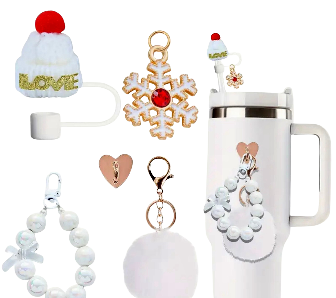 Collection of Christmas-themed keychains and charms on a white background
