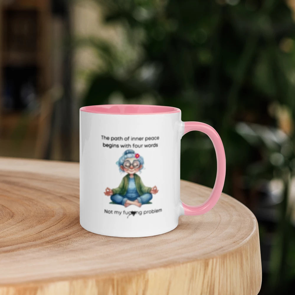 "Inner Peace Begins With… (Yoga Lady)" White Ceramic Mug with Color Inside