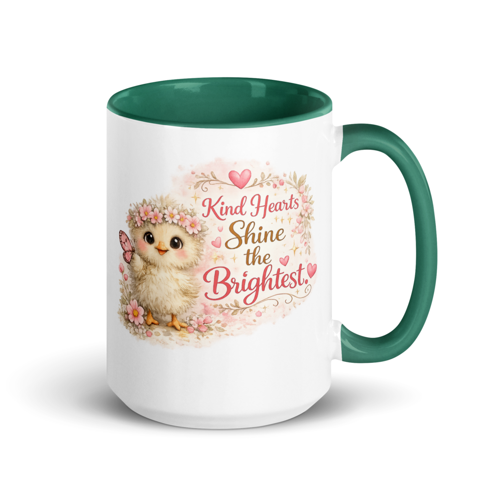 CHICK - "Kind Hearts Shine the Brightest" White Ceramic Mug with Color Inside