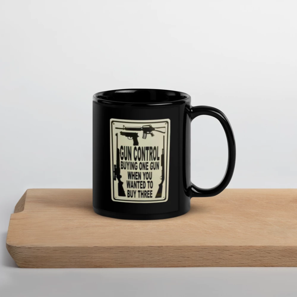 “Gun Control” Vintage-Style Black Glossy Mug