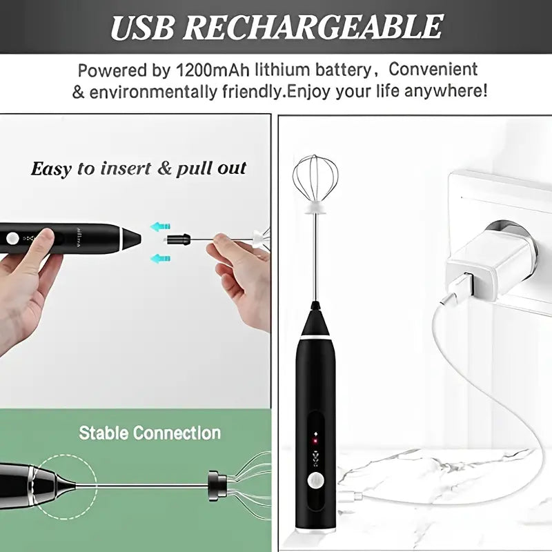 USB rechargeable handheld mixer with features highlighted on a white background