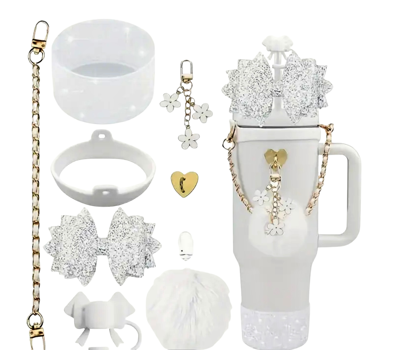 Collection of white and gold accessories including a mug, keychain, and decorative items on a white background.