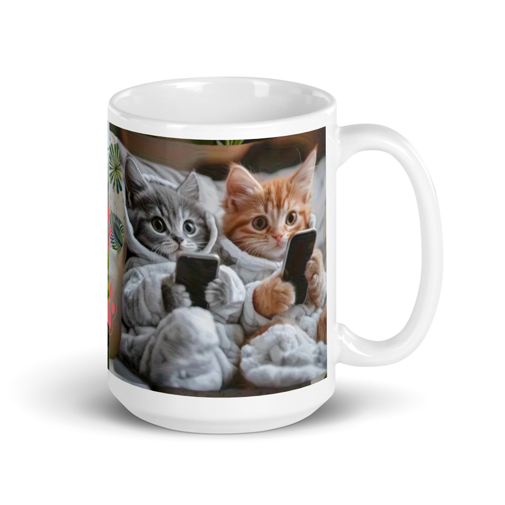 White mug with a design of two cats using smartphones on a white background