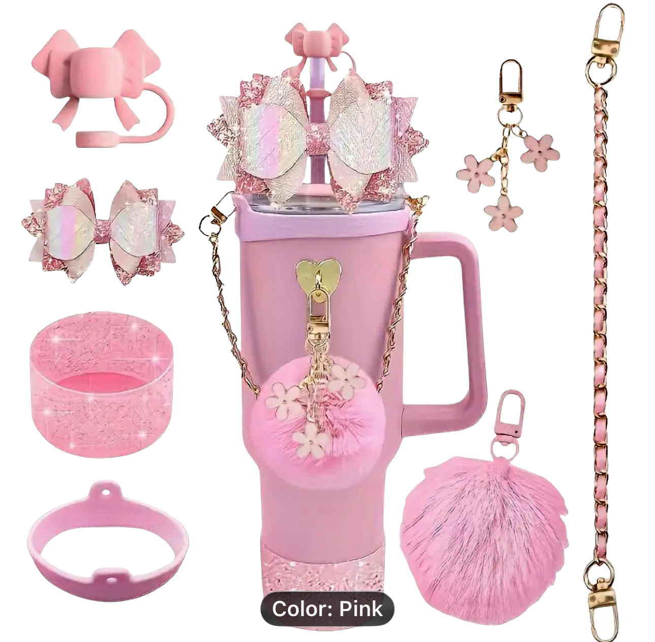 Collection of LIGHT pink accessories including a cup, charms, and clips on a white background.