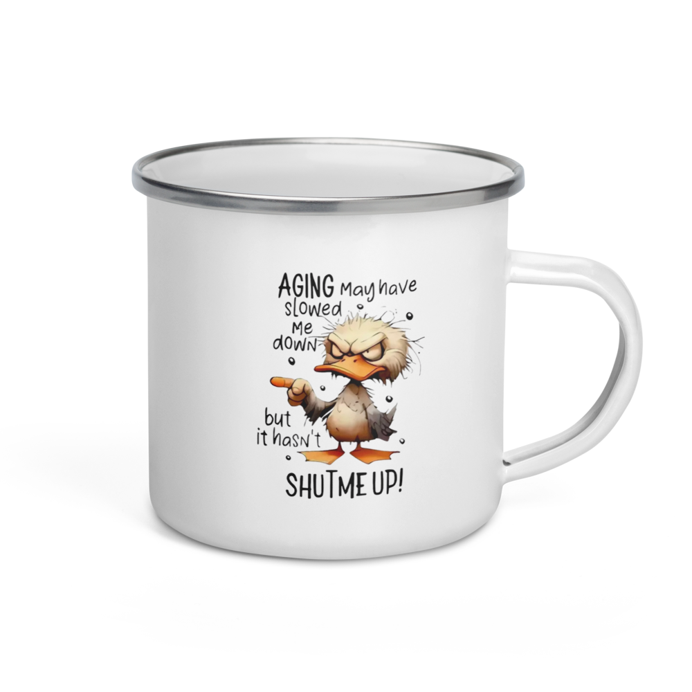 🦆 Enamel-Style Mug with Steel Rim – Angry Duck