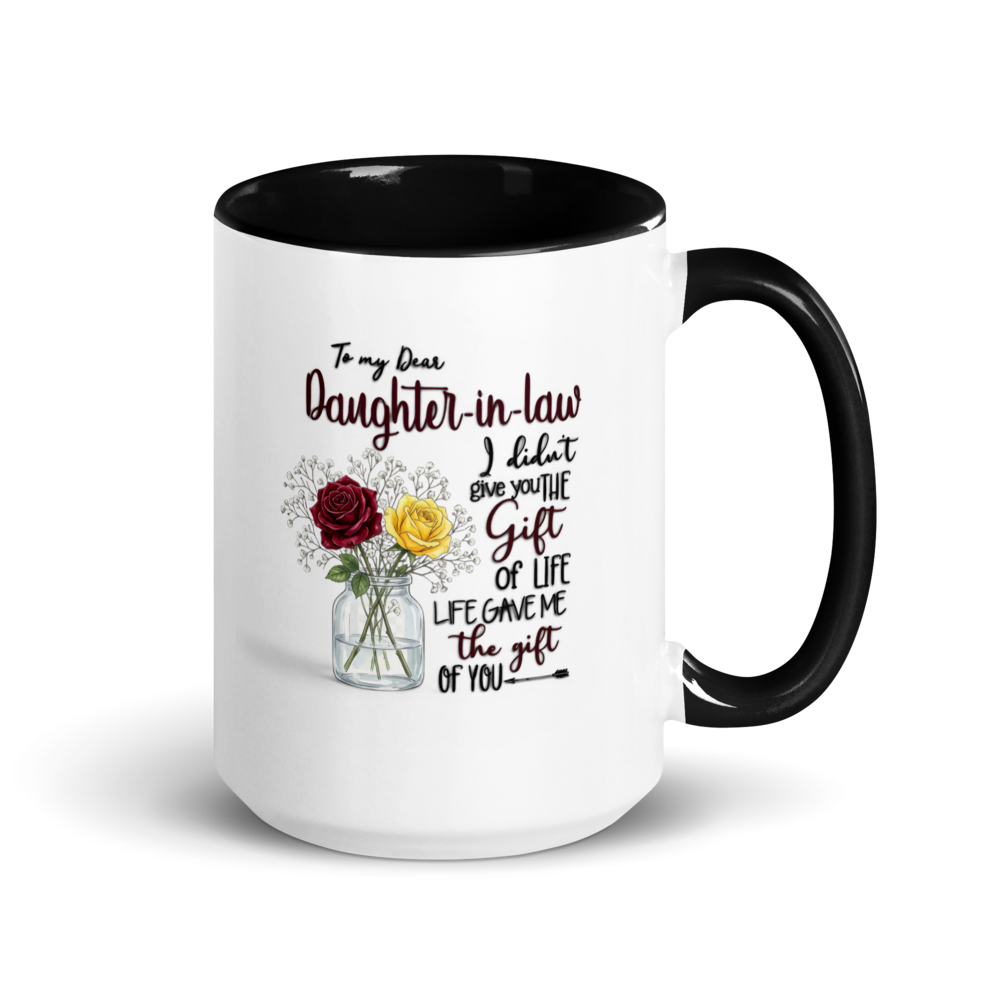 A white ceramic mug with a black interior and black handle, featuring a printed message to a daughter-in-law with an illustration of red and yellow roses in a glass vase.