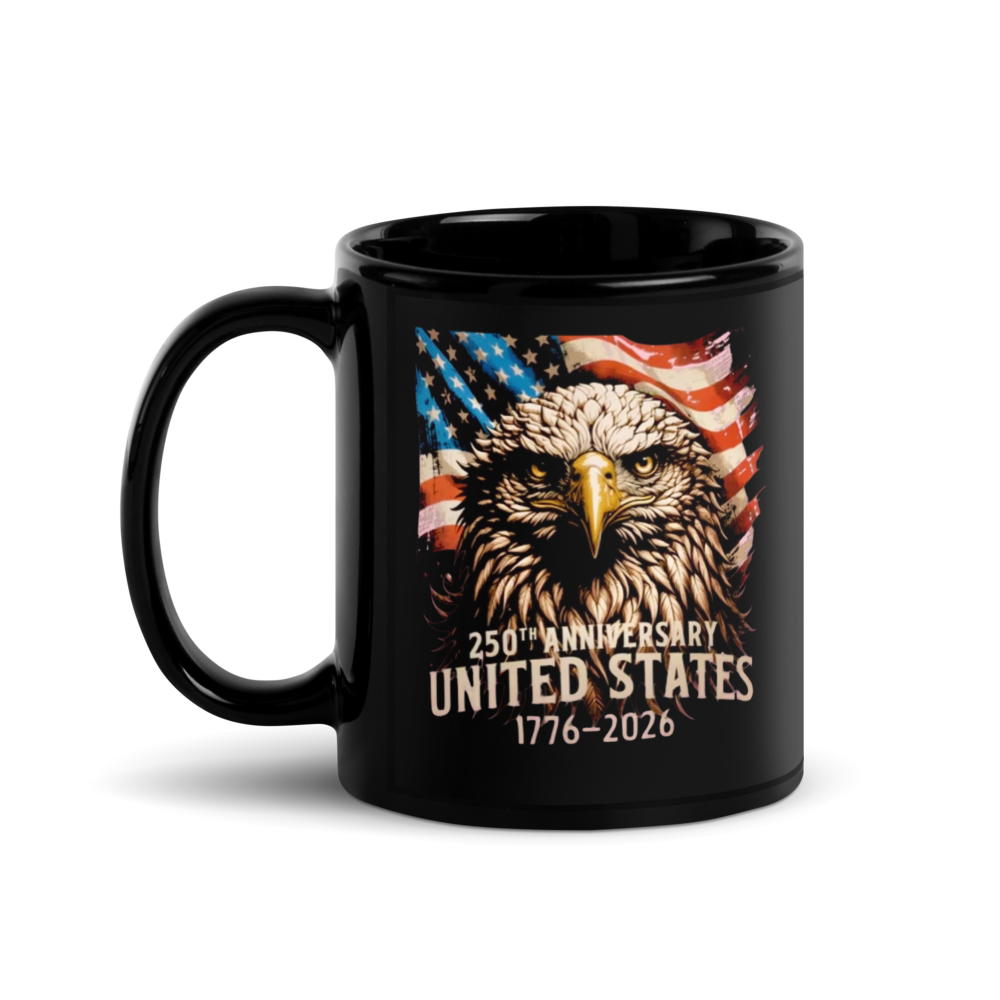250 Years of Freedom Patriotic Eagle Black Glossy Mug