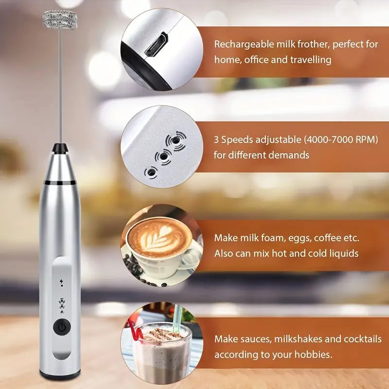 Rechargeable SILVER milk frother with features highlighted on a blurred background