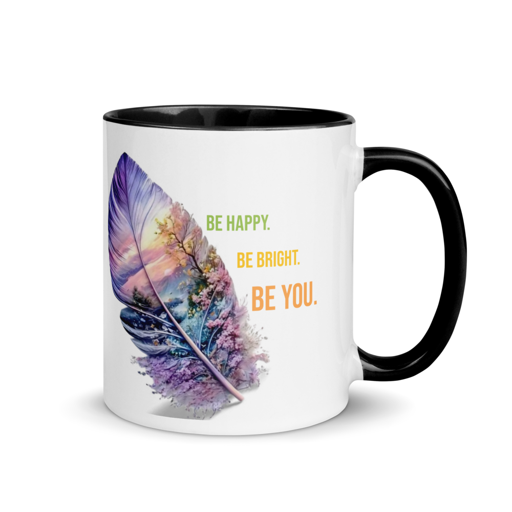 🌈 Inspirational Feather Mug – “Be Happy. Be Bright. Be You.” with Color Inside