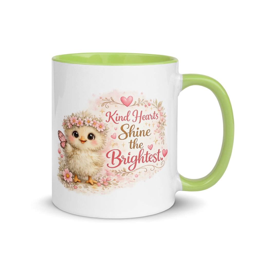 CHICK - "Kind Hearts Shine the Brightest" White Ceramic Mug with Color Inside