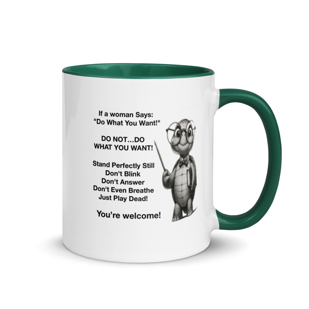 LFT. HAND 11oz Mug green handle & interior with (woman says..) humorous design and text on a white background