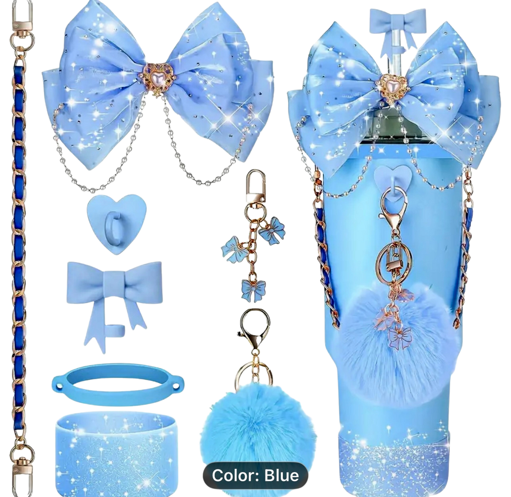 Collection of blue accessories including a bottle, keychain, and hair bow on a white background.