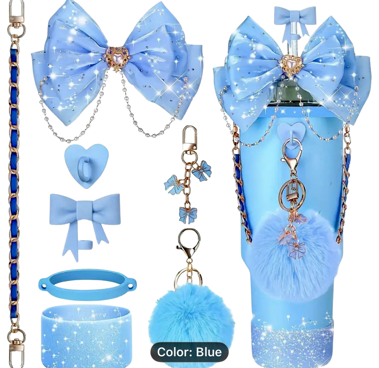 Collection of blue accessories including a bottle, keychain, and hair bow on a white background.