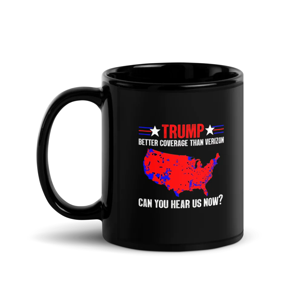 Black mug with a graphic of the United States and text about Trump's coverage compared to Verizon on a white background.