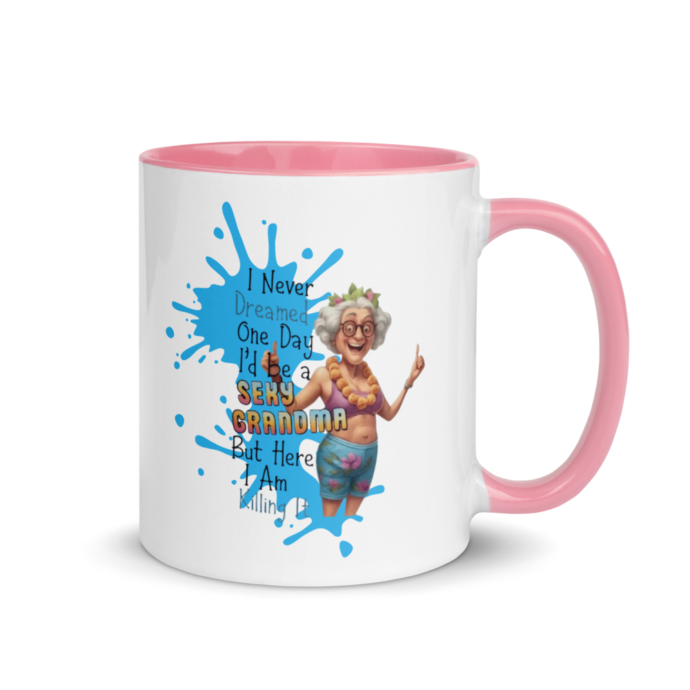 Mug with cartoon grandma design and text on a white background