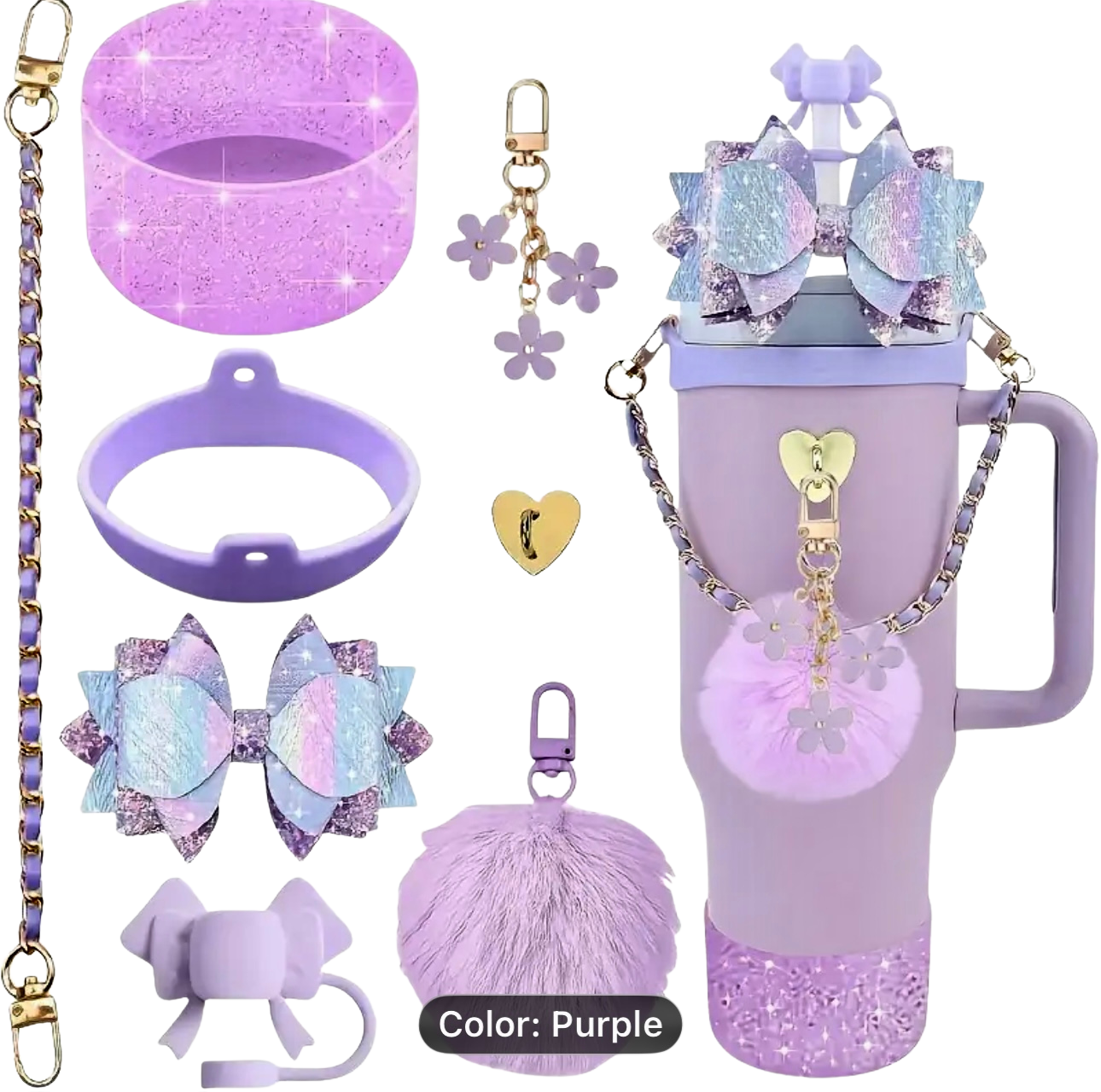 Purple accessories set keychain, and other items on a white background