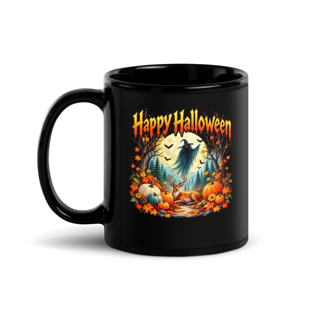 Spooky Enchanted Forest Halloween – Ghostly Witch & Autumn Magic Black Glossy Mug