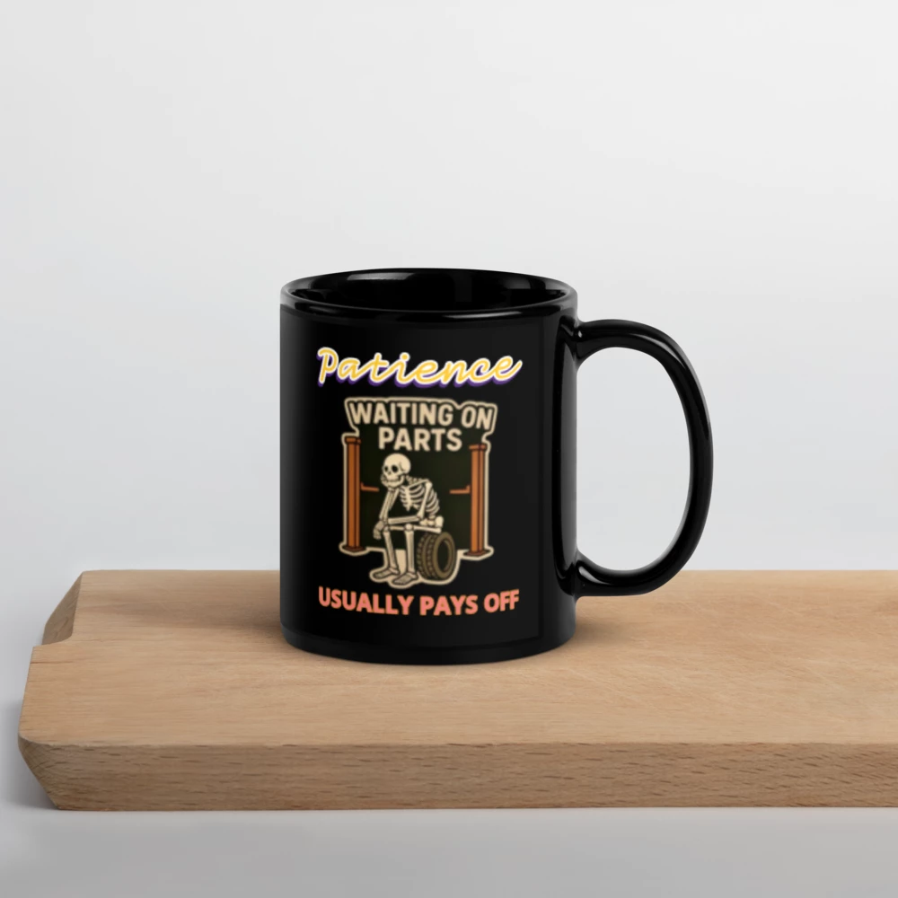 “Waiting on Parts ...” Black Glossy Mug