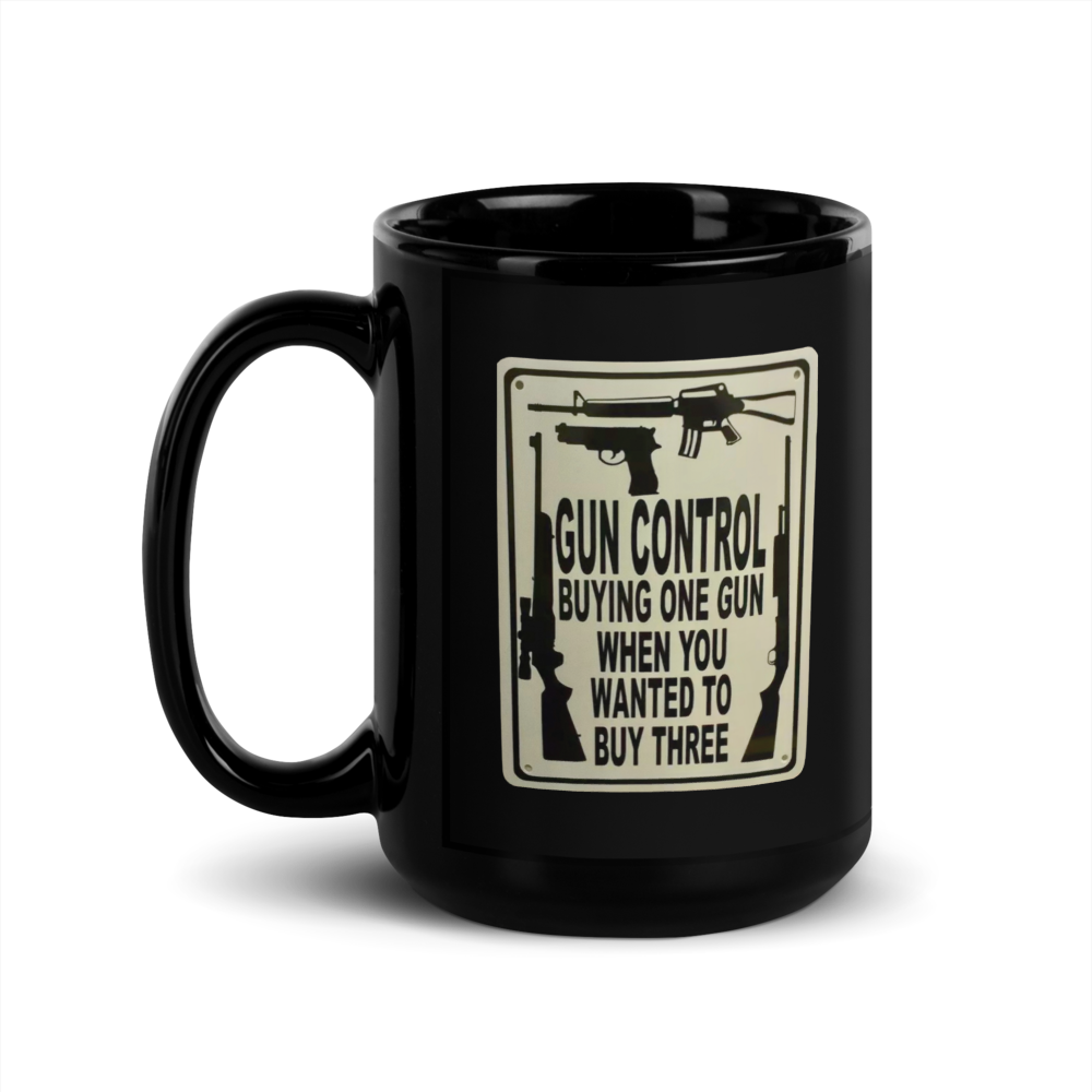 “Gun Control” Vintage-Style Black Glossy Mug