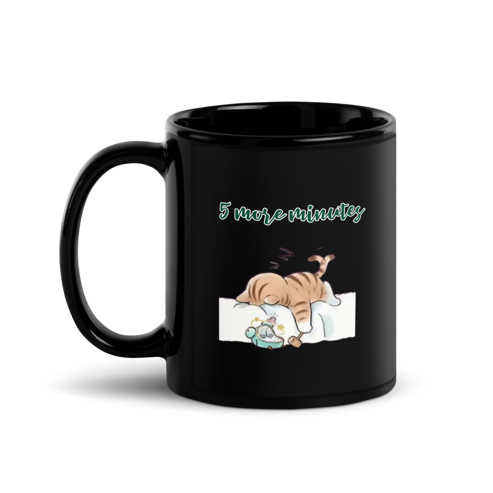 🐱 “5 More Minutes” Black Glossy Cat Mug