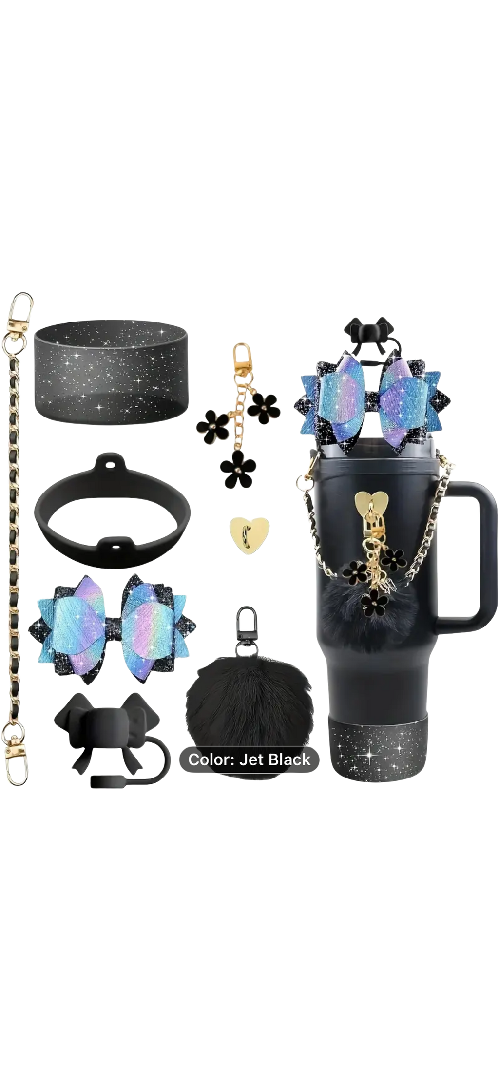 Collection of black accessories with iridescent elements on a white background