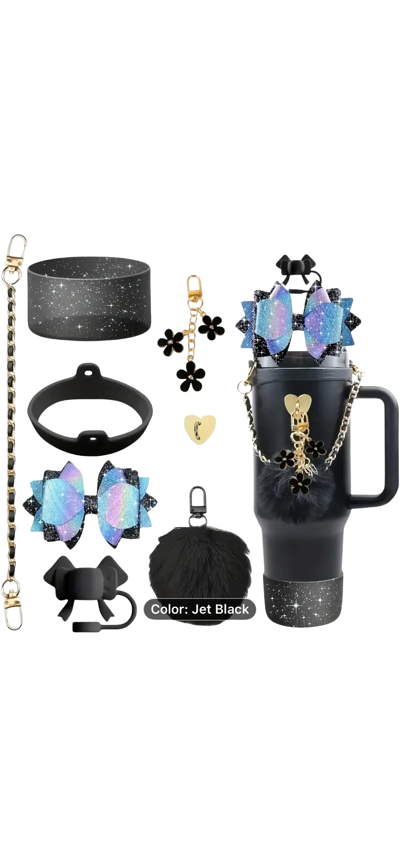 Collection of black accessories with iridescent elements on a white background