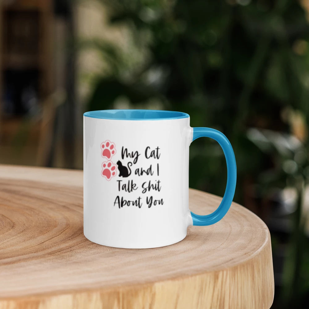 "Cat Paw Prints Gossip" White Ceramic Mug with Color Inside