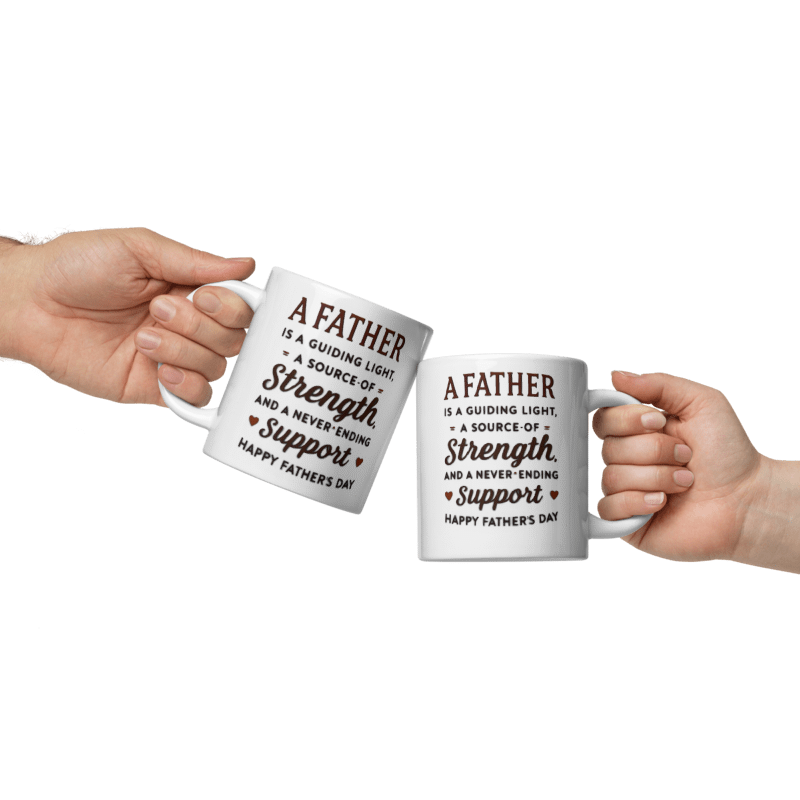 Two hands holding white mugs with Father's Day message on a white background