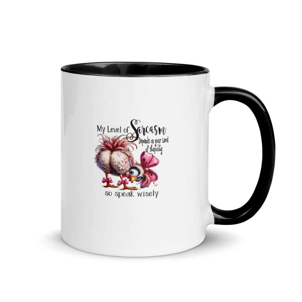 White mug with black handle featuring a bird design and text on a white background