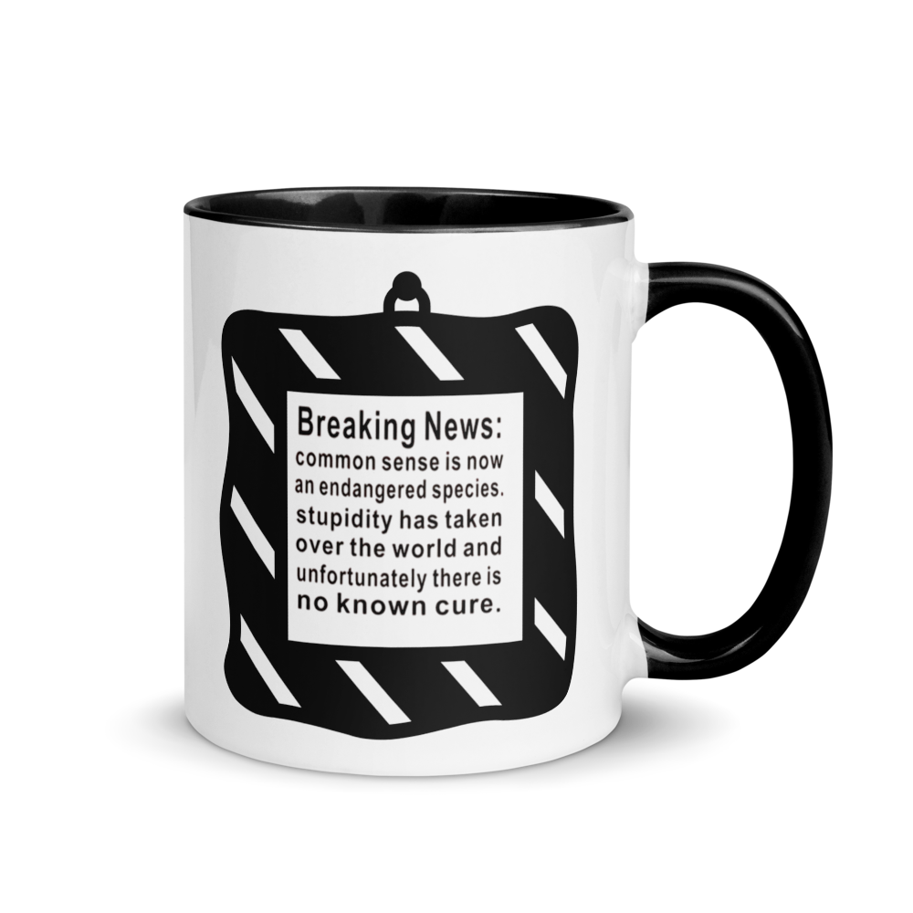 Mug with black handle featuring a humorous message on a white background