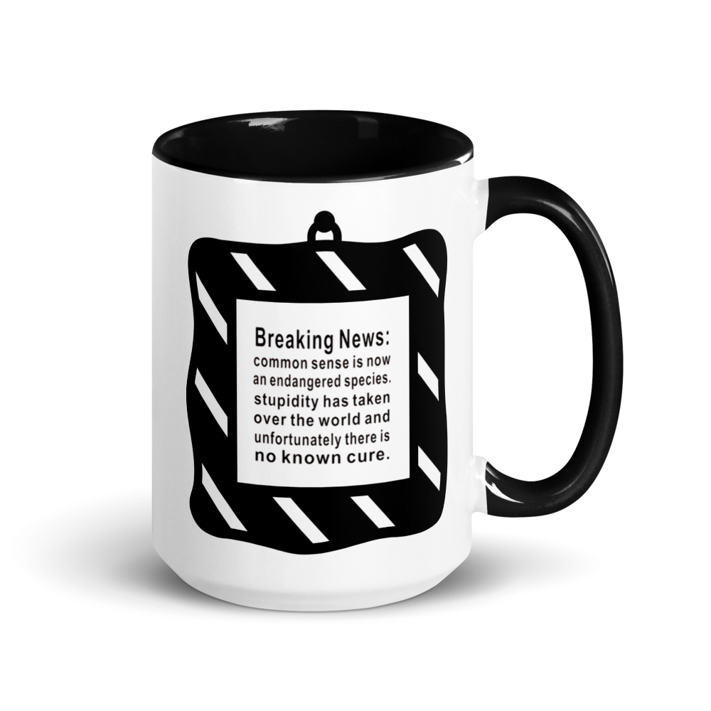 White mug with black interior and handle, featuring a graphic and text on a white background