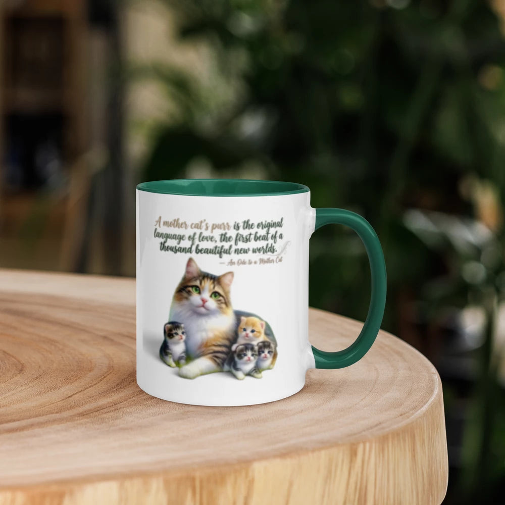 A white ceramic mug with a dark green handle and interior, featuring a printed illustration of a mother cat and kittens and a quote on the front. The mug is resting on a round wooden table with a blurred green garden background.