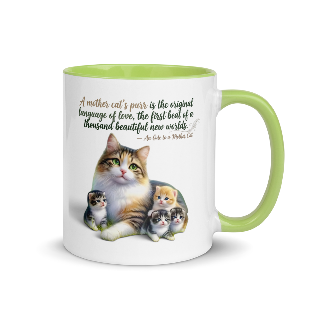 A white ceramic mug with a light green interior and handle, featuring a printed illustration of a mother cat and her kittens along with a quote about a mother cat's purr.