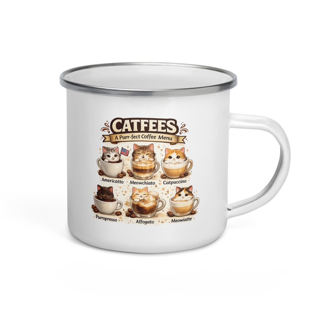 Mug with cat-themed coffee designs and 'Catfees' text on a white background