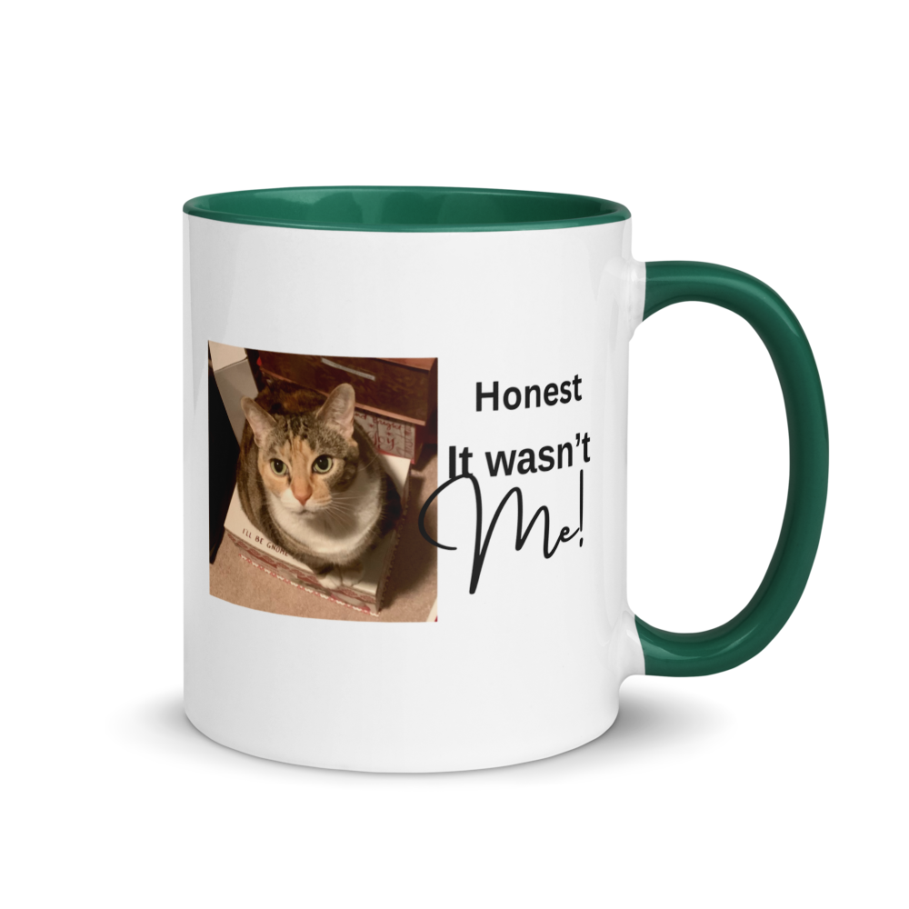 A white ceramic mug with a dark green interior, handle, and rim, featuring a printed graphic of a cat in a box next to the text 'Honest It wasn't Me!'.
