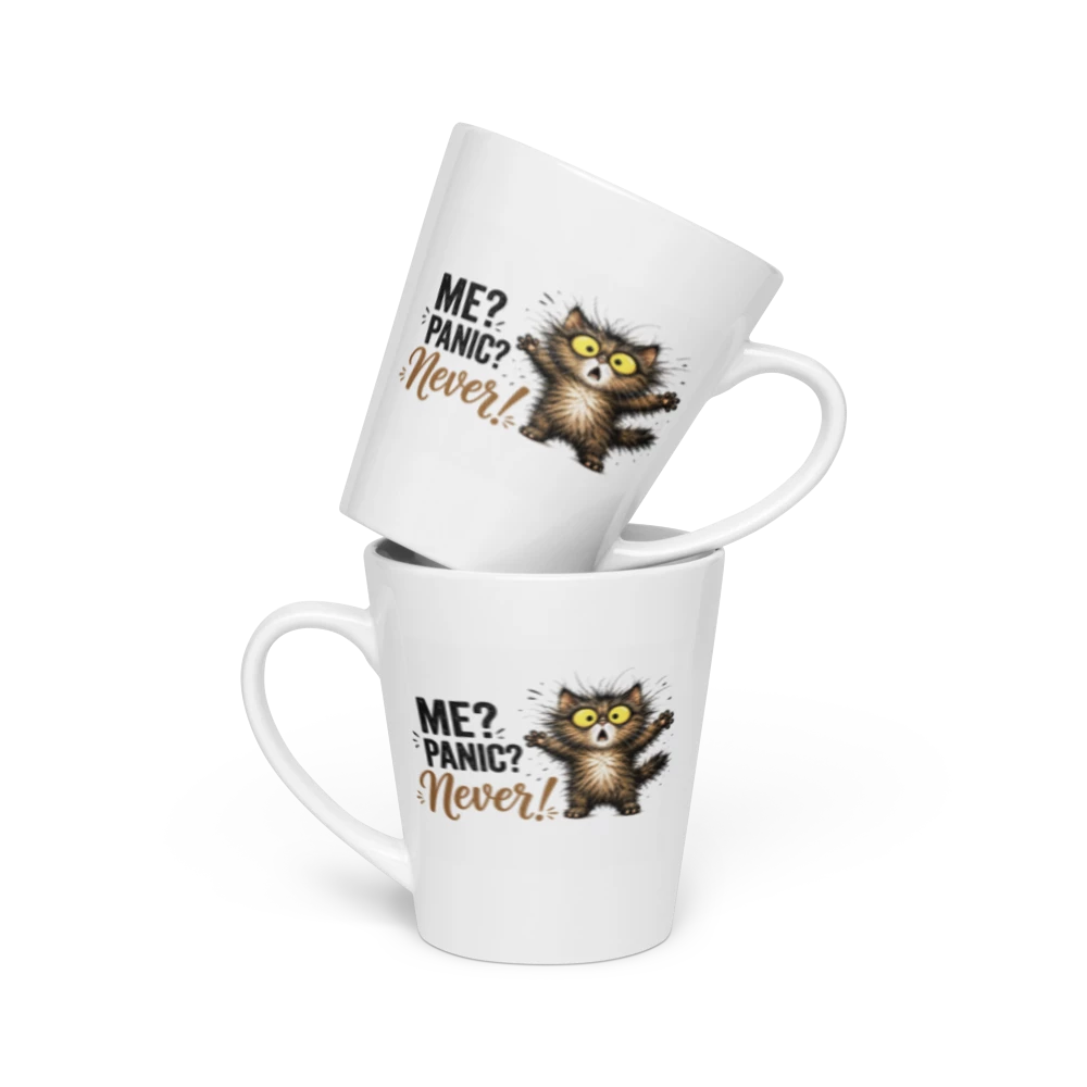 Two white ceramic mugs stacked with a humorous graphic of a startled cartoon cat and the text 'ME? PANIC? Never!'.