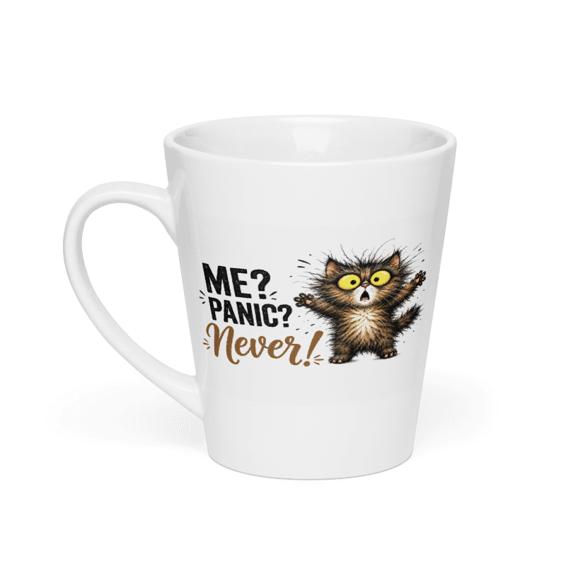 A white ceramic latte mug featuring a humorous graphic of a startled brown tabby cat with yellow eyes next to the text 'ME? PANIC? Never!' in black and brown lettering.
