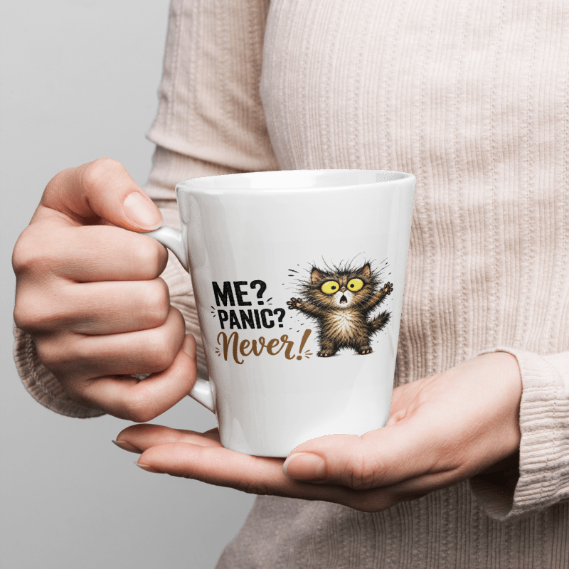 A person in a beige ribbed sweater holds a white ceramic mug with a humorous graphic of a nervous cat and the text 'ME? PANIC? Never!'.
