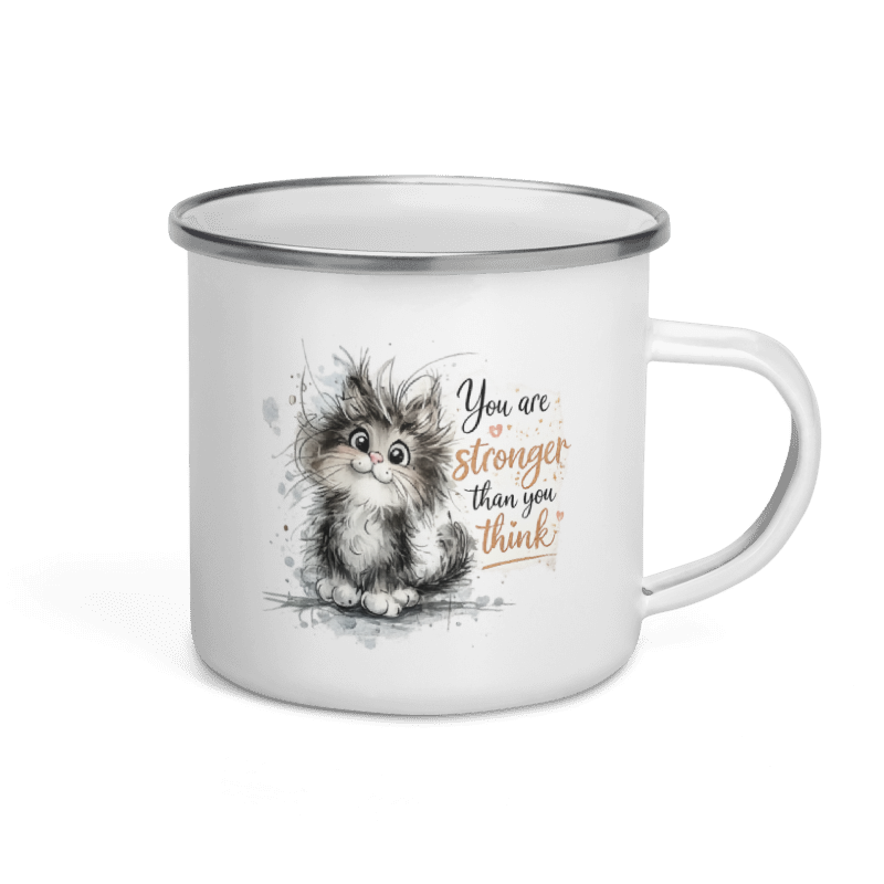 Mug with a cat illustration and motivational quote on a white background