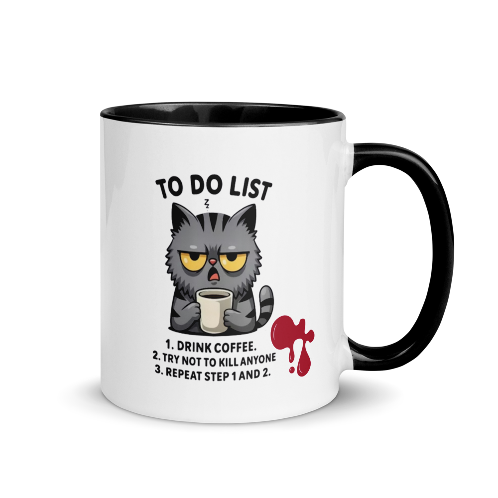 Mug with a cat illustration and humorous 'To Do List' text on a white background