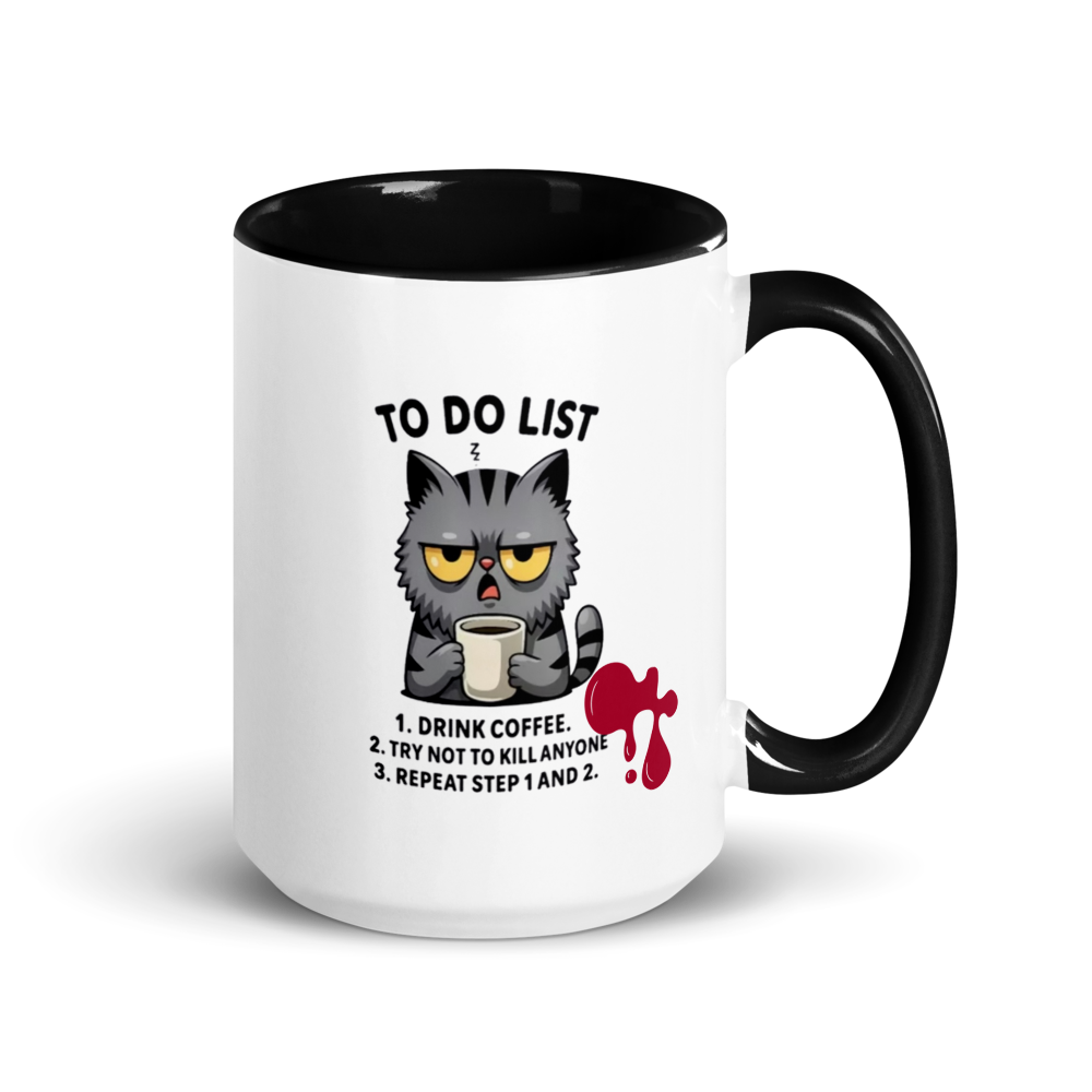 Mug with a cat illustration and text on a white background