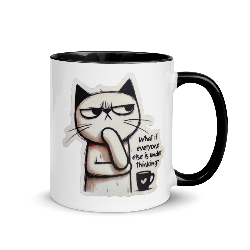 Mug with a cartoon cat design and text on a white background