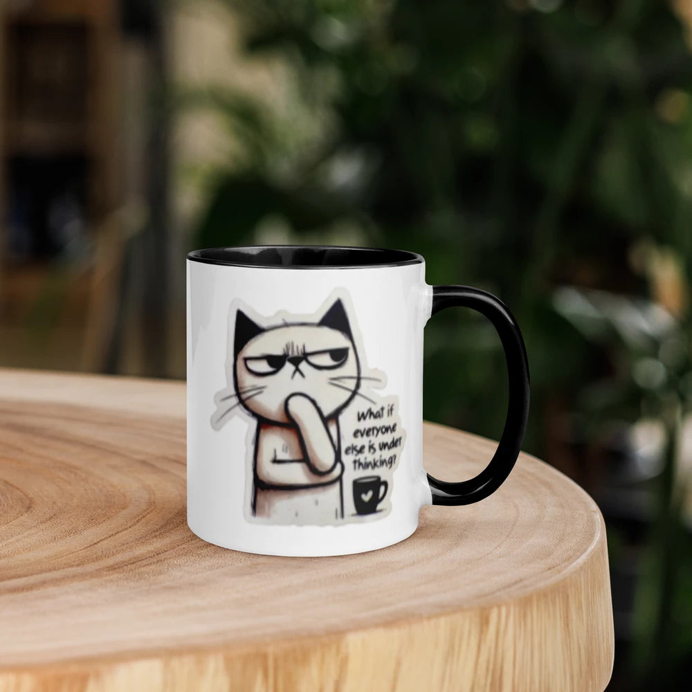 Mug with a cat illustration and text on a wooden surface with a blurred green background