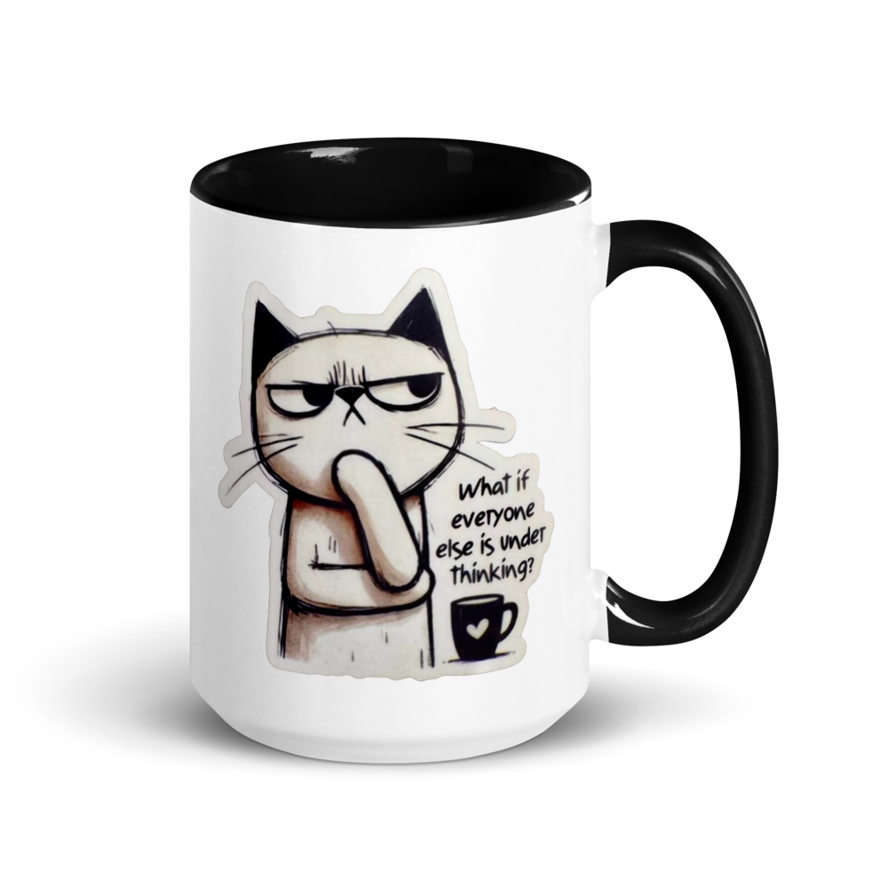 Mug with a cartoon cat design and text on a white background