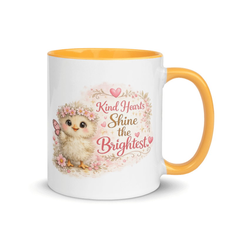 CHICK - "Kind Hearts Shine the Brightest" White Ceramic Mug with Color Inside