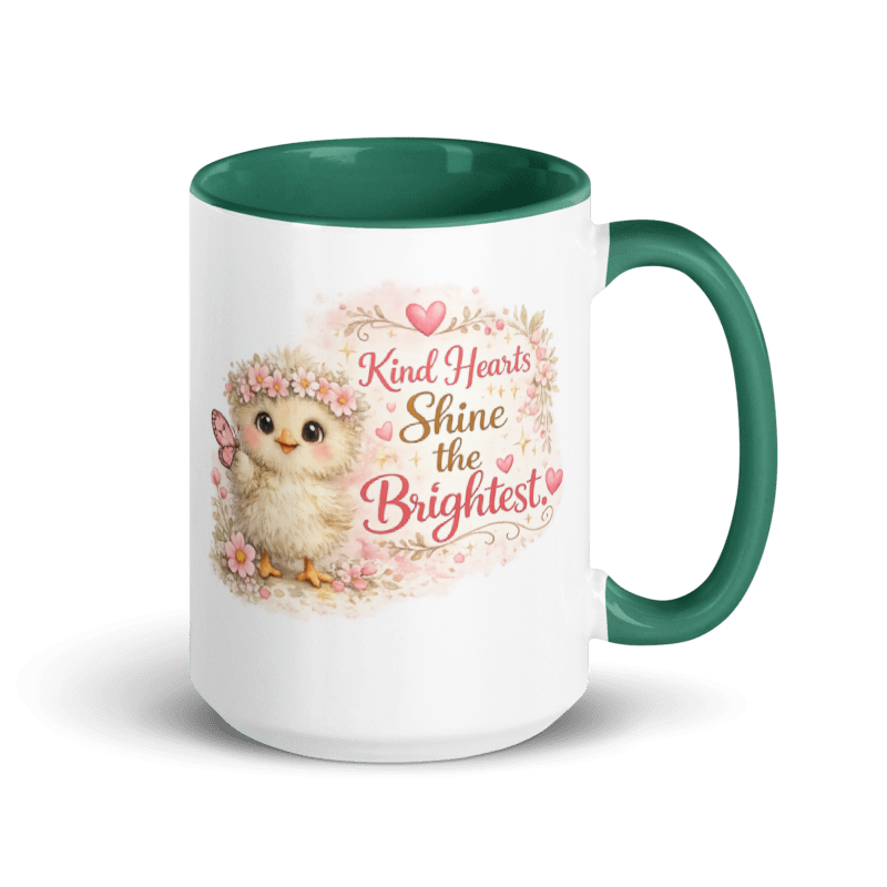 CHICK - "Kind Hearts Shine the Brightest" White Ceramic Mug with Color Inside