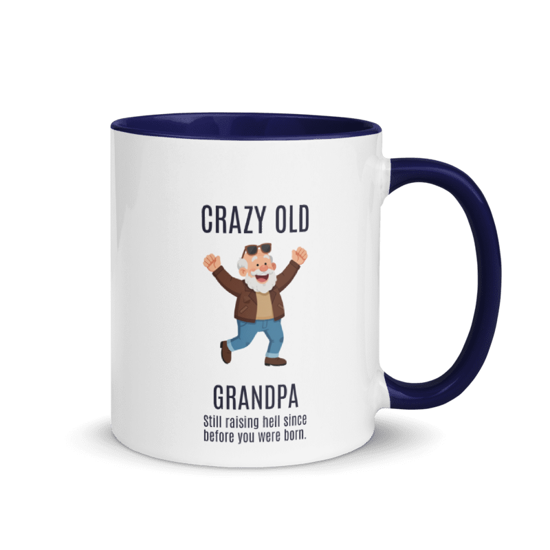 Mug with cartoon grandpa design and text on a white background