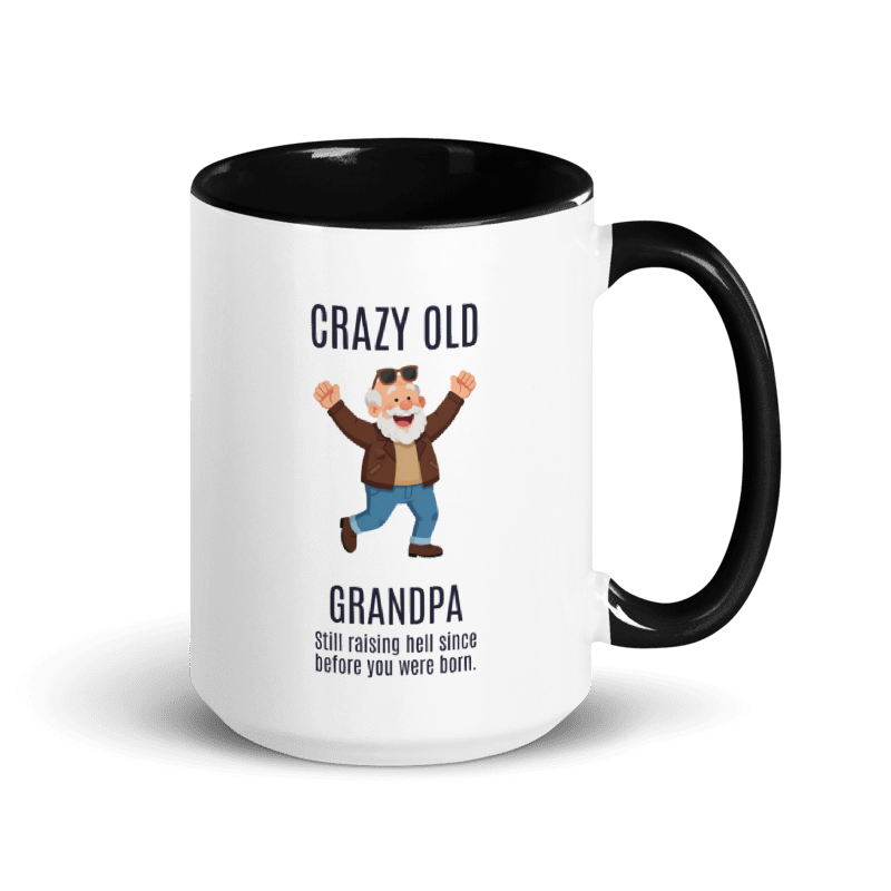 Mug with cartoon character and text 'Crazy Old Grandpa' on a white background