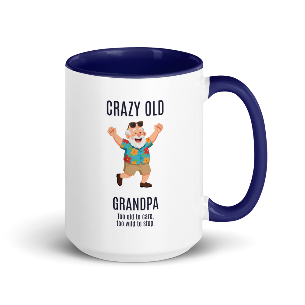 Mug with cartoon character and text 'Crazy Old Grandpa' on a white background