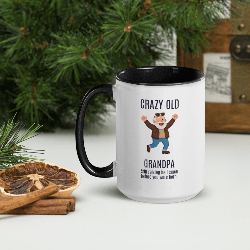 (2) "CRAZY OLD..." White Ceramic Mug with Color Inside